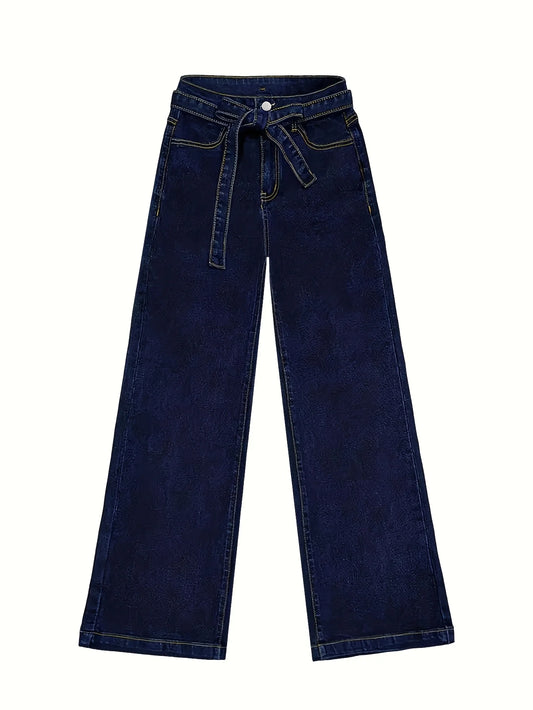 High-Waist Wide-Leg Denim Trousers with Tie Belt – Dark Wash Elegant Jeans