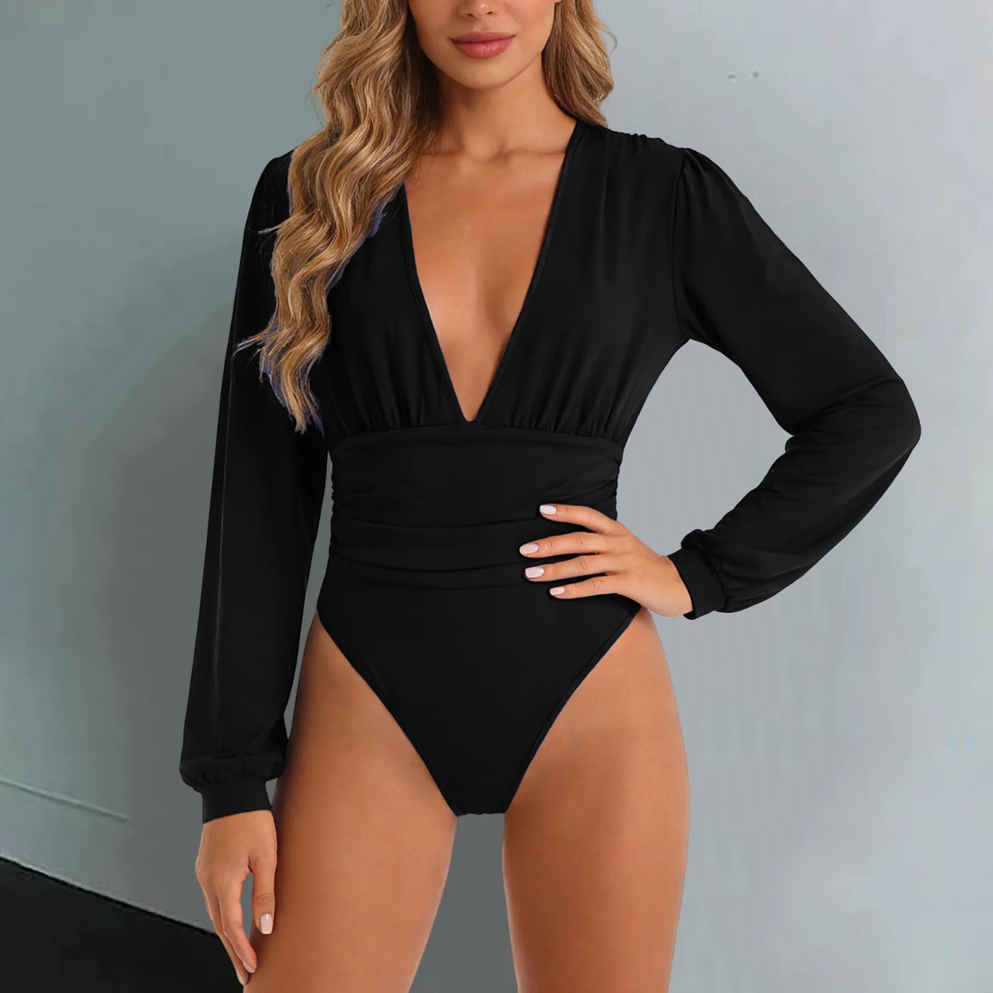 Women’s Ruched Deep V Neck Long Sleeve Bodysuit – Sexy Fitted Plunge Leotard Top