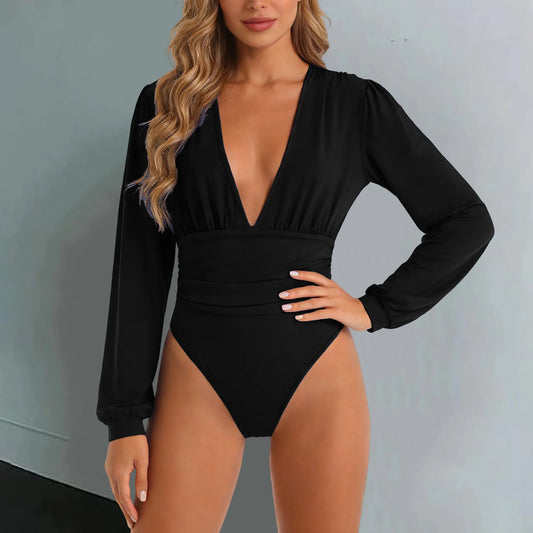 Women’s Ruched Deep V Neck Long Sleeve Bodysuit – Sexy Fitted Plunge Leotard Top