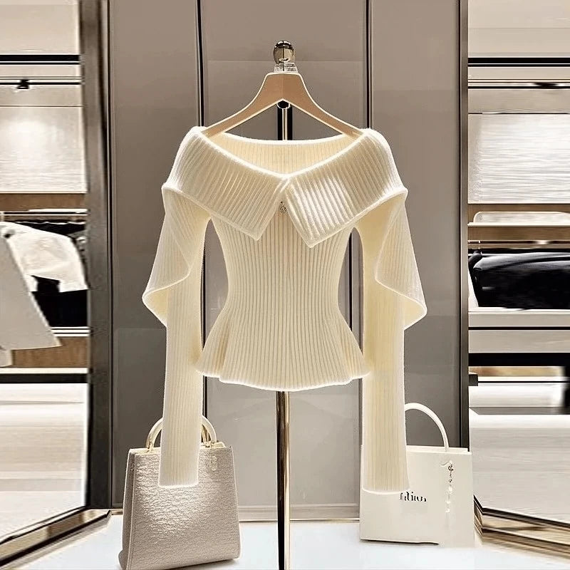 Luxury turn down collar/Wool knitted Sweater/Solid Style High End Design/Sense Niche Thin lapel Fit/Autumn Season wear.