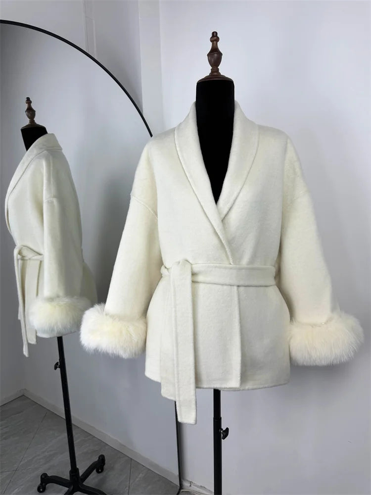 Tossy Fox Fur Overcoat/Short Fitted Cardigan Coat/Elegant Double-sided Woolen Coat.