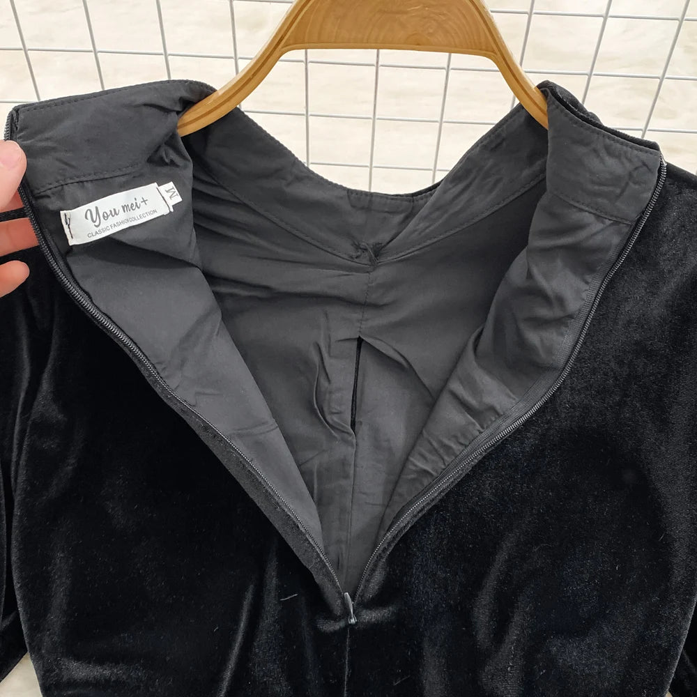 Long Sleeve Vintage Stand Collar Chic Velvet Spliced Coarse Tweed Slim A-line Dresses High Street Autumn Winter Clothing