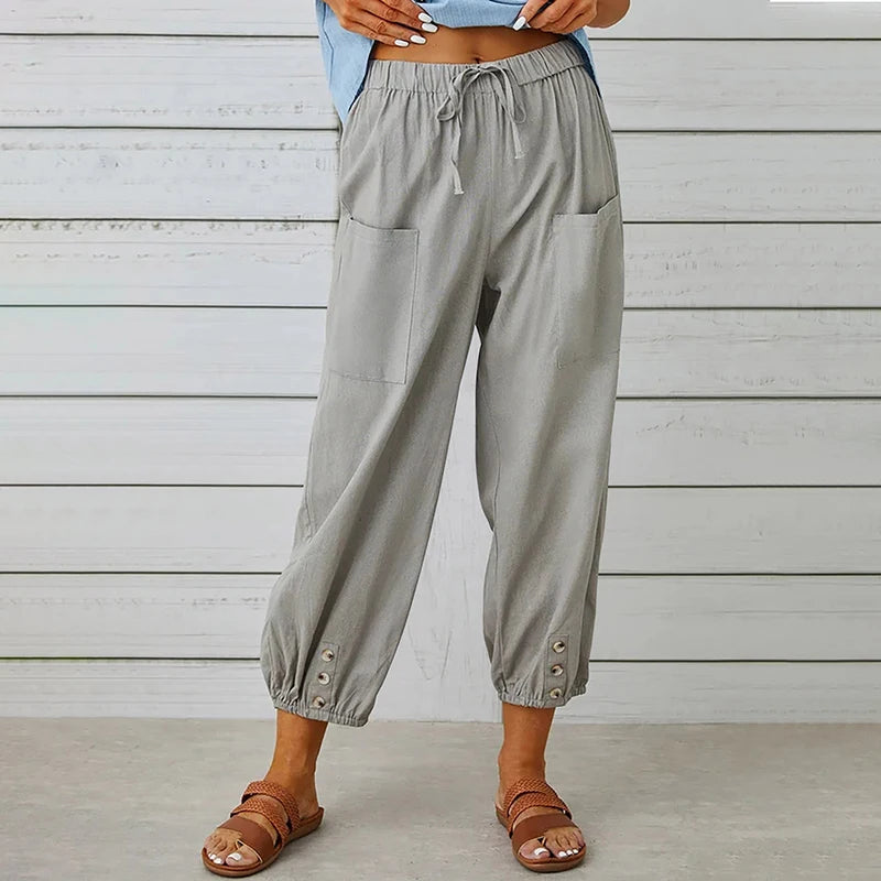 Comfy Carpi Harajuku Pants/Loose Cotton Linen/Solid Color Elastic Waist Loose Straight Trousers/Waist Wide Leg Pants.