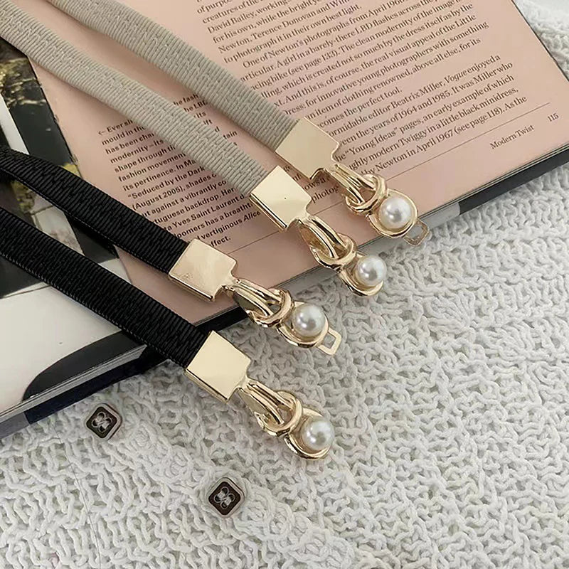 Elegant Double Pearl’s/Elastic Buckle Women Belt’s/Black Thin Straps Lady Girl Dress Skirt Decor Waistbands.