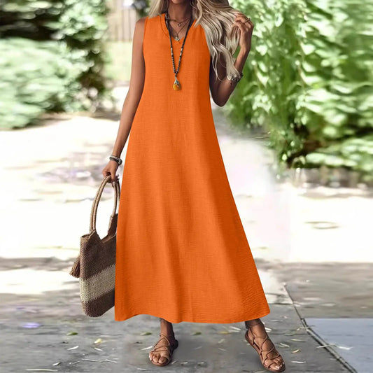 Trendy Solid V-Neck Loose Dress/Sleeveless V Neck Pullover Dresses/Holiday Beach Skirt Robe.