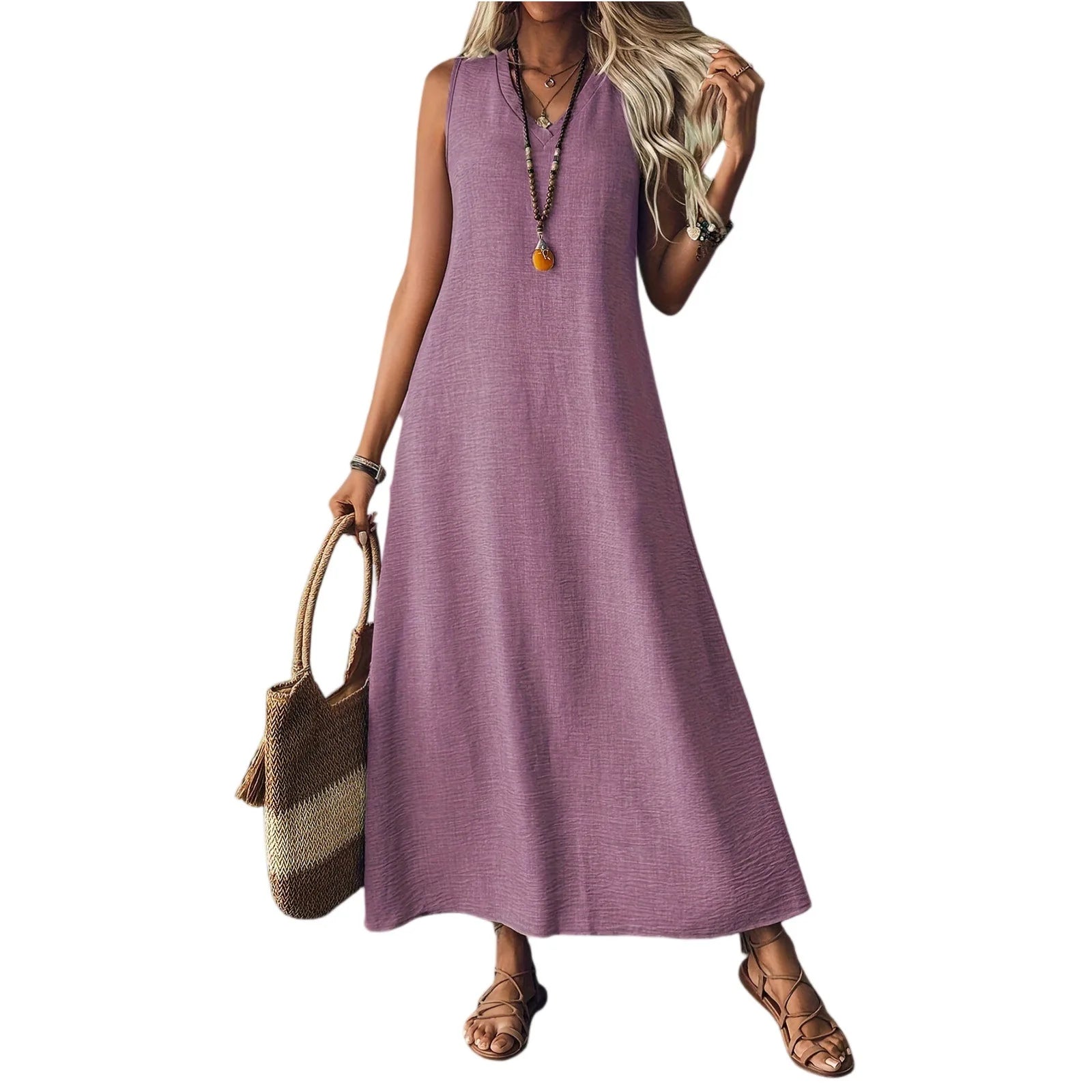 Trendy Solid V-Neck Loose Dress/Sleeveless V Neck Pullover Dresses/Holiday Beach Skirt Robe.