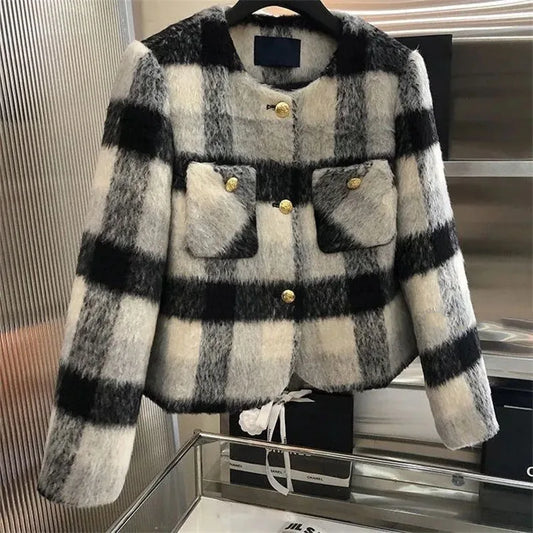 Women’s Plaid Textured Jacket with Gold Buttons – Structured O-Neck Statement Coat | Autumn Winter Luxe Outerwear