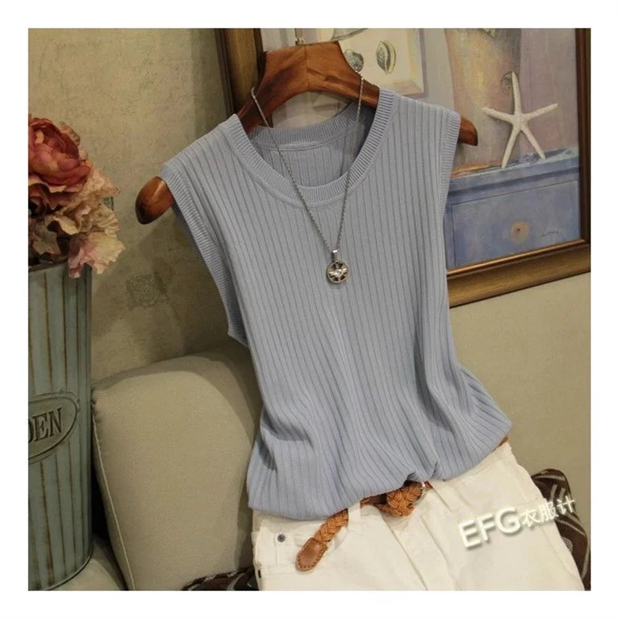 Solid Knitted Sleeveless Shirt/O-neck Blouse Shirt/Low Rise Tops.
