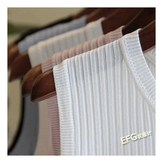 Solid Knitted Sleeveless Shirt/O-neck Blouse Shirt/Low Rise Tops.