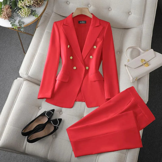 Timeless Elegance: Double-Breasted Blazer & Slim Fit Pants Set/Effortless power for the modern woman.