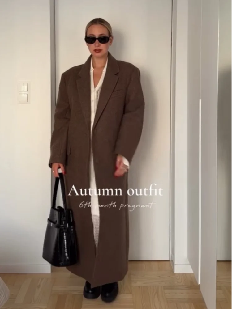 Classic Shoulder Pad Coat/Long Woolen Single Breasted Fit/Fashion Lapel/Single-breasted Long Sleeved Chic Coat/Autumn Commute Street Outerwear.