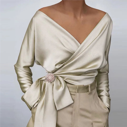 Satin Shirt Top Female/Sexy Fashion Solid Color V Neck Bow Tie Slim Fit T-shirt Blouse Streetwear.