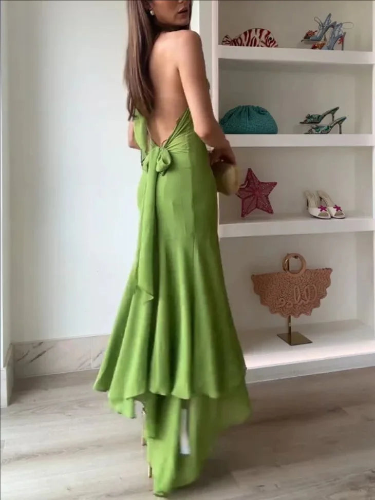 Elegant Olive Green Halter Maxi Dress for Women – Backless Lace-Up Asymmetrical Hem Evening Party Gown | Modern Blend Boutique