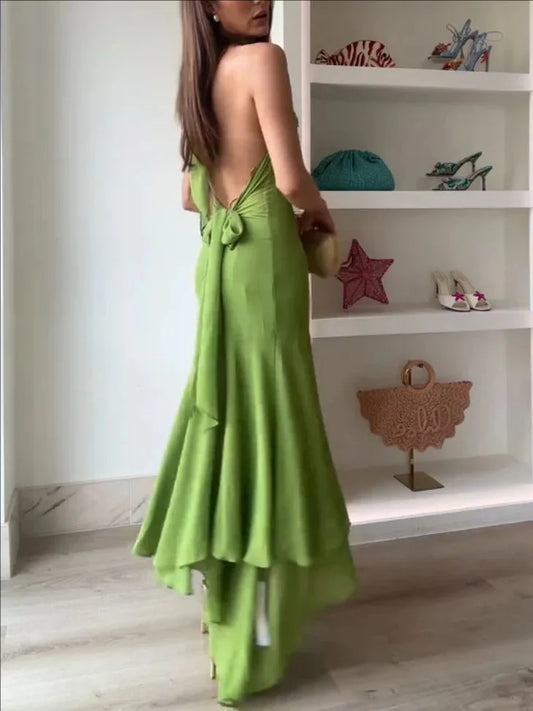 Elegant Olive Green Halter Maxi Dress for Women – Backless Lace-Up Asymmetrical Hem Evening Party Gown | Modern Blend Boutique