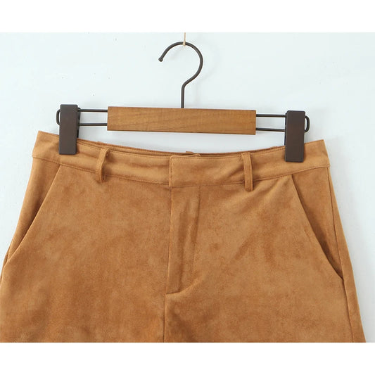 YENKYE Retro Brown Faux Suede Shorts for Women – High-Waist Casual Vintage Short Pants