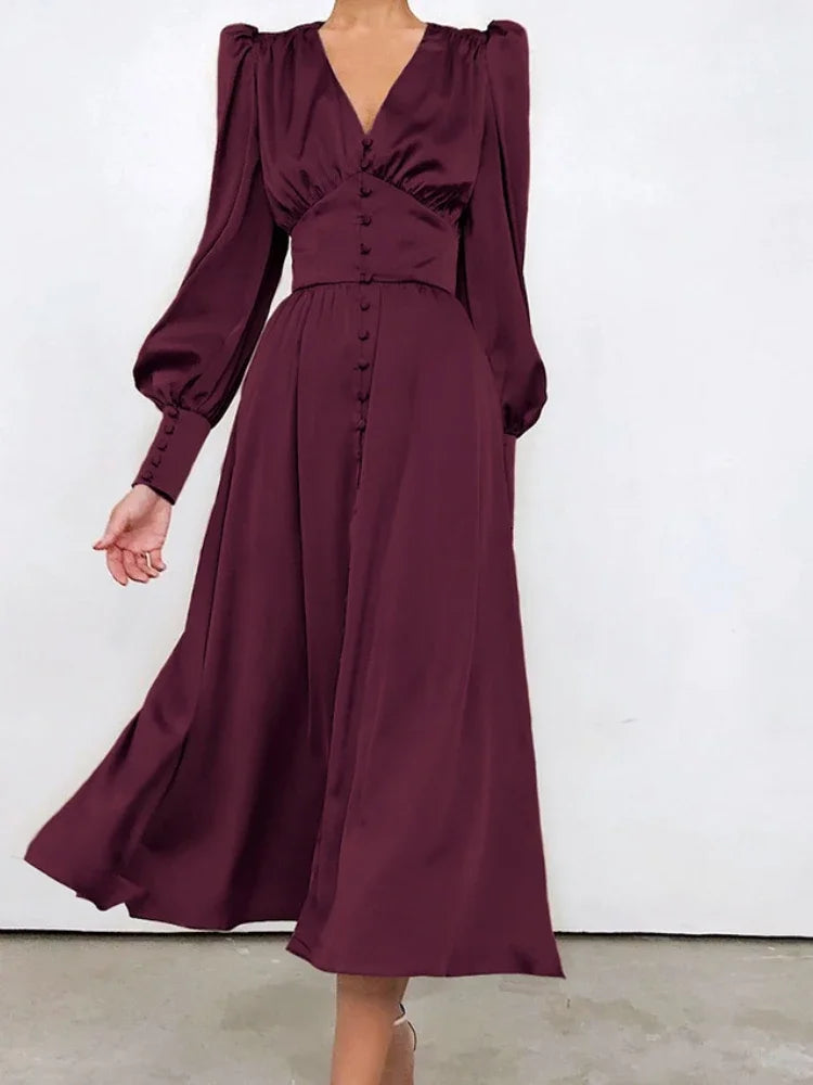Elegant Fashion Single Breasted  Dress for Women Party Robe High Waist Satin Long Dress Sexy Lantern Sleeve Chic Midi Dresses