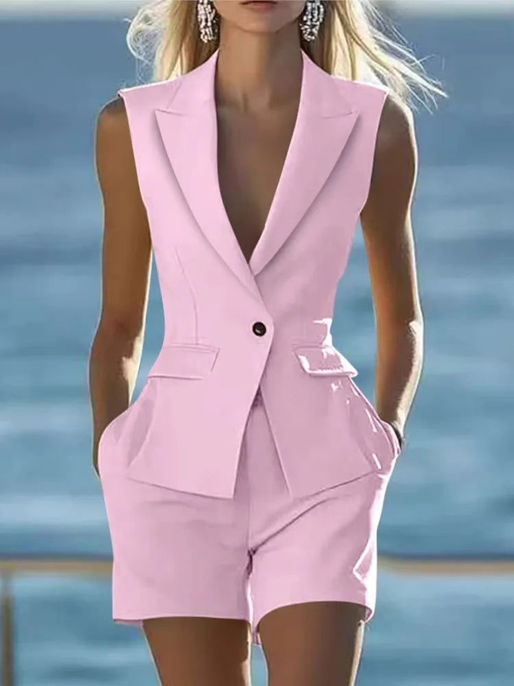 Elegant Sleeveless Blazer Vest & Tailored Shorts Set – Women’s Chic Summer Two Piece Suit Outfit | Modern Blend Boutique