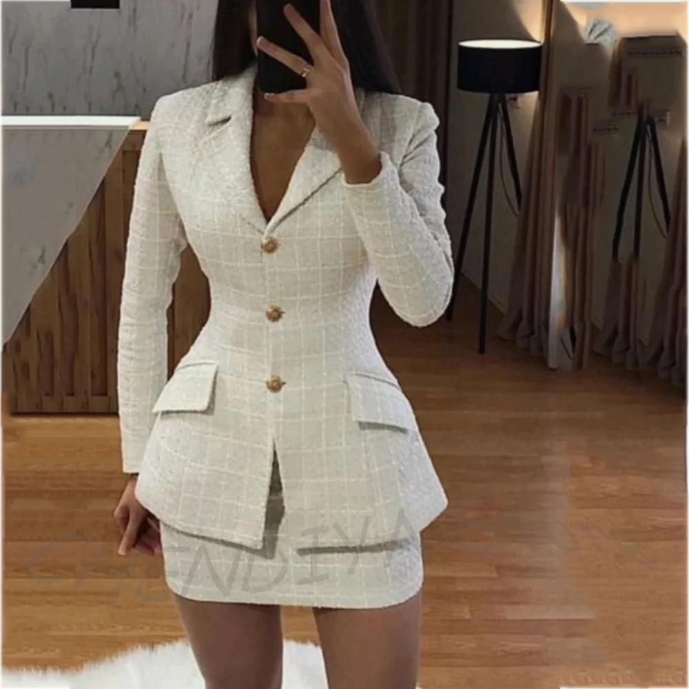 Elegant Ivory Tweed Two-Piece Skirt Suit Set | Slim Fit Blazer & Mini Skirt