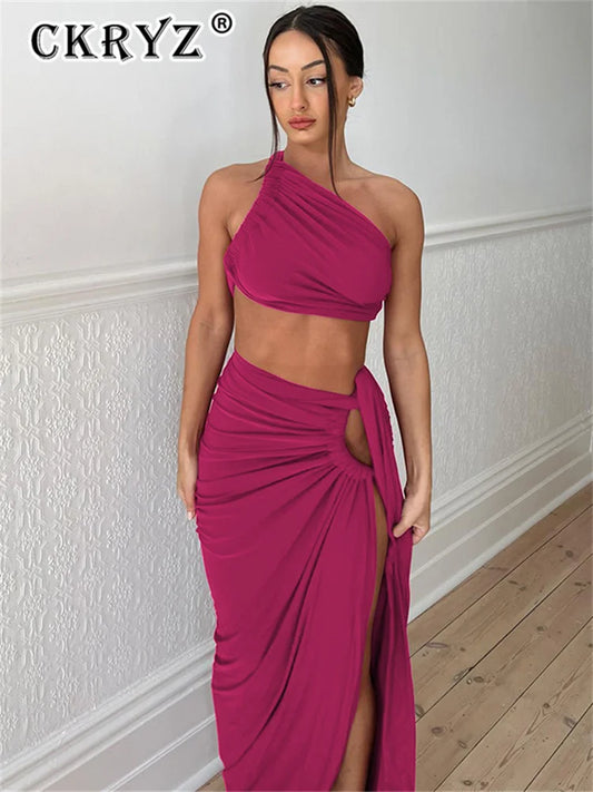 Luxury One-Shoulder Ruched Skirt Set – Elegant Backless Crop Top & High Slit Maxi Skirt Two-Piece Ensemble
