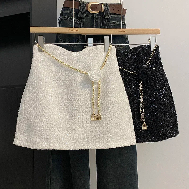 Seasonal High Waist A-line Floral Chain Lace-Up Skirts/Skirts with Shorts/Stretched Above Knee.