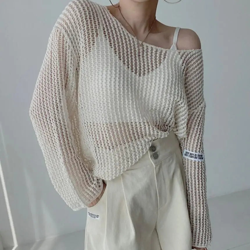 Hollow Out Pullovers Women Baggy O-neck Clothing/Casual Simple Stylish Vintage See-through Streetwear.