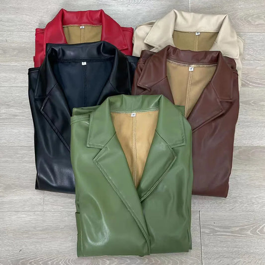 Women’s Oversized Vegan Leather Blazer – Single Breasted Faux Leather Jacket with Pockets
