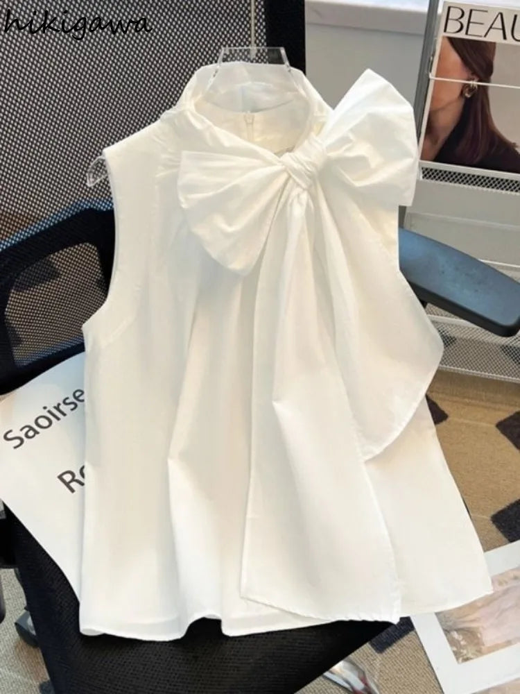 Mini Bow Tuckernuck/NEW White Blythe Ruffle Collar Preppy Sleeveless White Blouse for Women/Sleeveless Loose Shirts Fashion Sweet/All EventTops.