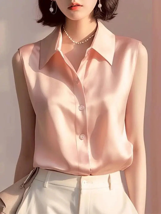 Sleeveless Satin Blouse for Women – Elegant Button-Front Top