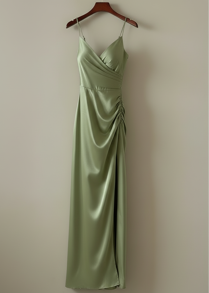 Sexy Glowing Backless Slit Dress/High Split Pleated Satin Dress/Solid V~Neck Mid~Calf Pullover.