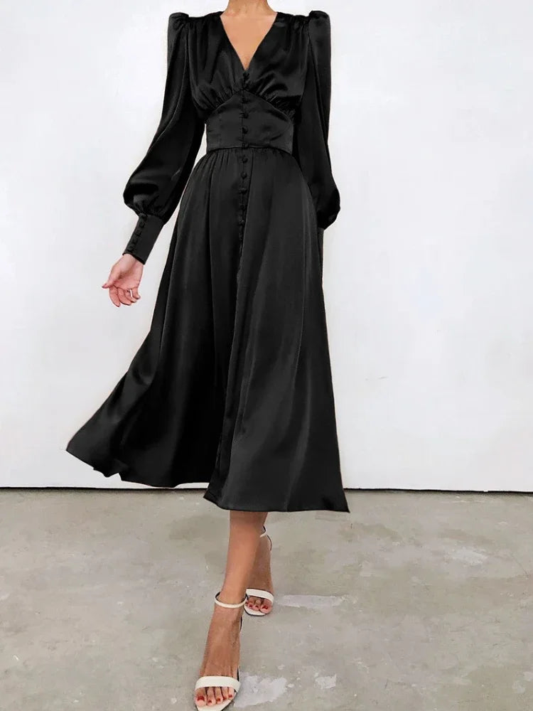 Elegant Fashion Single Breasted  Dress for Women Party Robe High Waist Satin Long Dress Sexy Lantern Sleeve Chic Midi Dresses