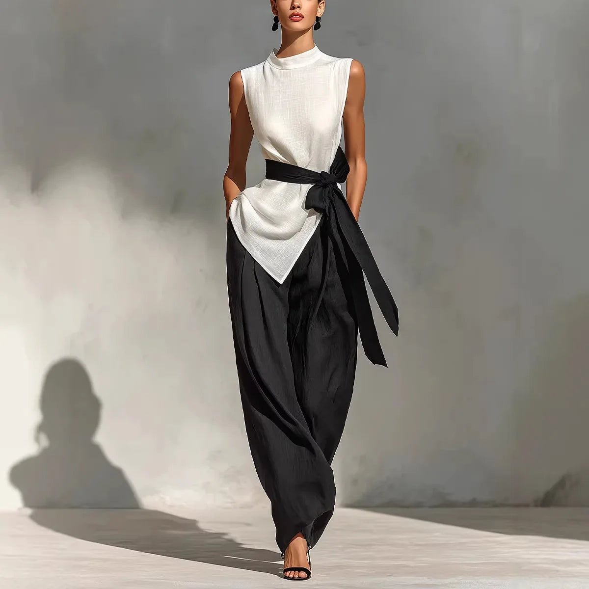 Elegant Sleeveless Tie Top & Wide-Leg Pants Two-Piece Set – Slim Fit Luxury Lounge Ensemble