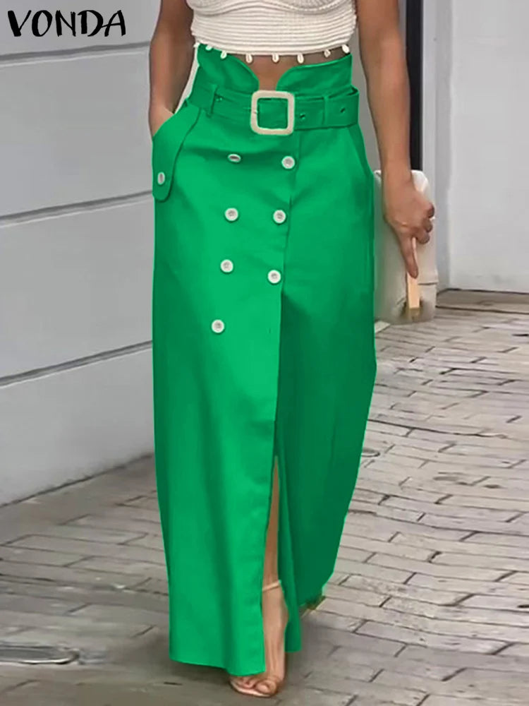 VONDA Button up Midi Skirt/Casual Waistband Button Design Slit Long Overskirts Solid Color Office Lady Bottoms.