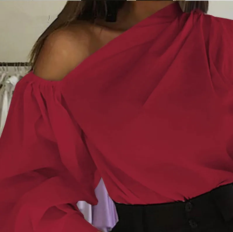 Women's Solid Color Oblique/Shoulder fit long Sleeve. For casual use/Off Shoulder design. Female Fashion Lantern Long Sleeve Shirts.