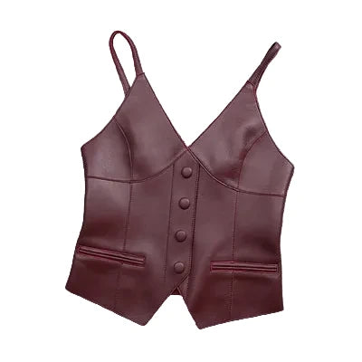 Luxury Genuine Sheepskin Leather Vest for Women – Tailored V-Neck Button Front Streetwear Top (Black, Camel, Green, Purple, Orange, Khaki)