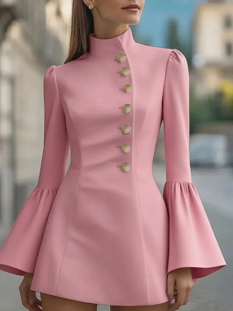 Elegant Slim Mini Dress/Winter Fashion Solid Color Long Puffed Sleeved Body-con/Buttoned Above Knee Pullover.