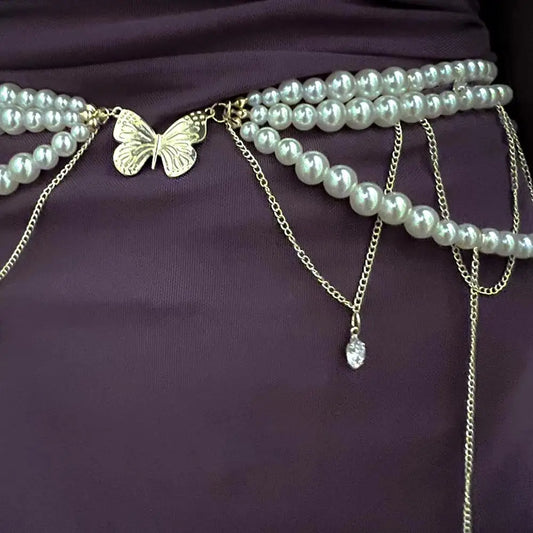 Retro Multilayer Pearl Belt/Waist Chain Belt For Women/Stylish Body Jewelry Accessories.