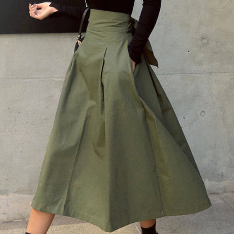 Fashion Patterned A~Line Skirt/Solid Color Swing Pleated Skirt/Long Wild High Waist Bow Slim Midi Skirts.