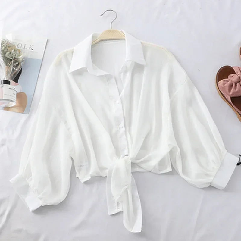 Chiffon Button Down Sleeves/Casual Loose Hollow White Clothes/Elegant Solid Color Tied Waist Blouse/Women Half Sleeve Button Chiffon Shirt.