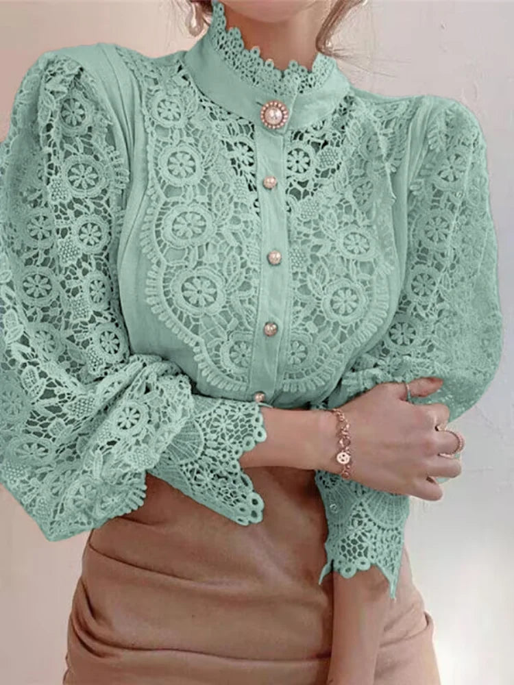 Hollow Out Long Sleeved Lace Blouse/Solid Tatting Craft Designed/Broad Clothed Single Breasted Blouse