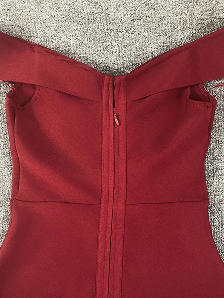 Elegant Off-Shoulder Burgundy Midi Bandage Dress with Criss-Cross Front – Form-Fitting Cocktail Parties Dresses for Women