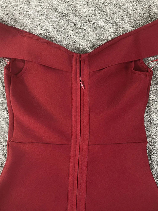 Elegant Off-Shoulder Burgundy Midi Bandage Dress with Criss-Cross Front – Form-Fitting Cocktail Parties Dresses for Women