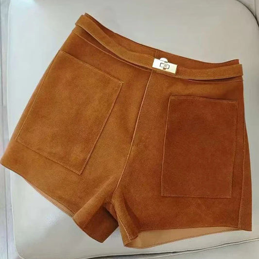 Real Sheepskin Leather Shorts for Women – 2026 New Arrival Casual Genuine Leather Shorts with White Belt, High-Quality Sheepskin, Versatile Summer & Street Style