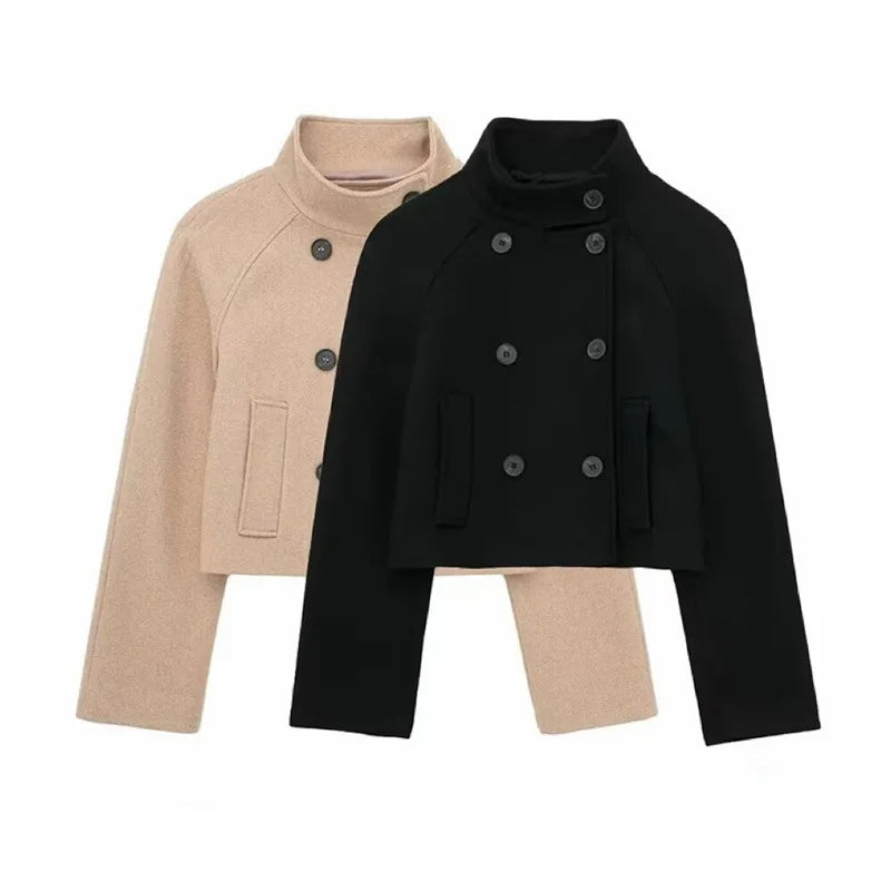 Detail Button Fleece Jacket/Double-Breasted Stand Collar/Short Sized Style Woolen Fabric Coat.