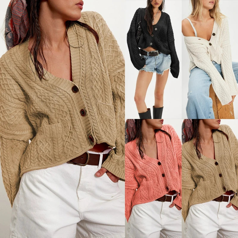 Comfy Knitted Short Sized Sweaters/Solid Cardigan Knit Jumpers/V~Neck Full Sleeved/Elegant Casual Coat Single Breasted Autumn Winter.