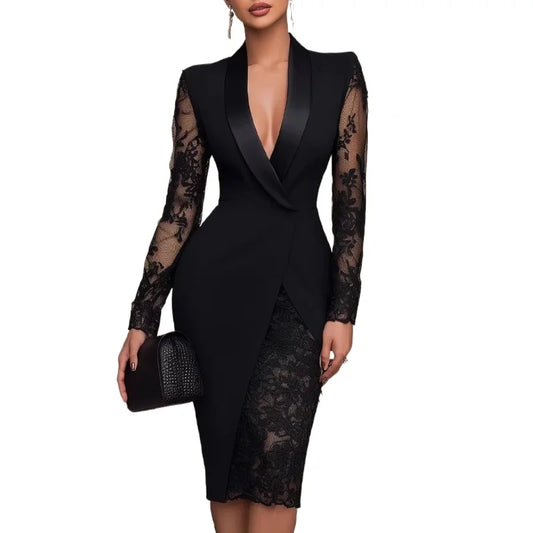Elegant Lace Sleeve Tuxedo Midi Dress
