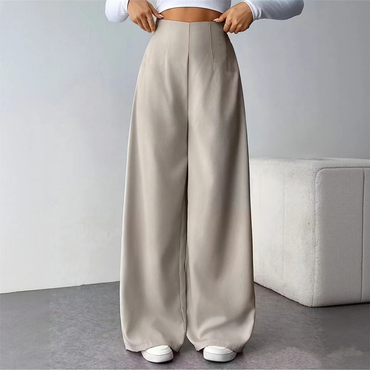 Fashioned Wide Leg Trouser’s/Non~Zipper Comfortable Fit/High Waist Pant’s/Slightly Stretched/Tatting Pattern Pant’s/Solid Colored Street Wear Clothing.