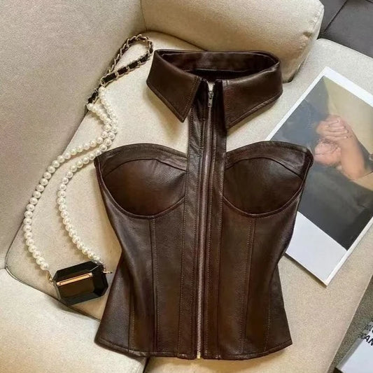 Luxury Halter Neck Corset Bustier Top with Collar & Front Zipper – Champagne Beige & Chocolate Brown Faux Leather Sculpted Top