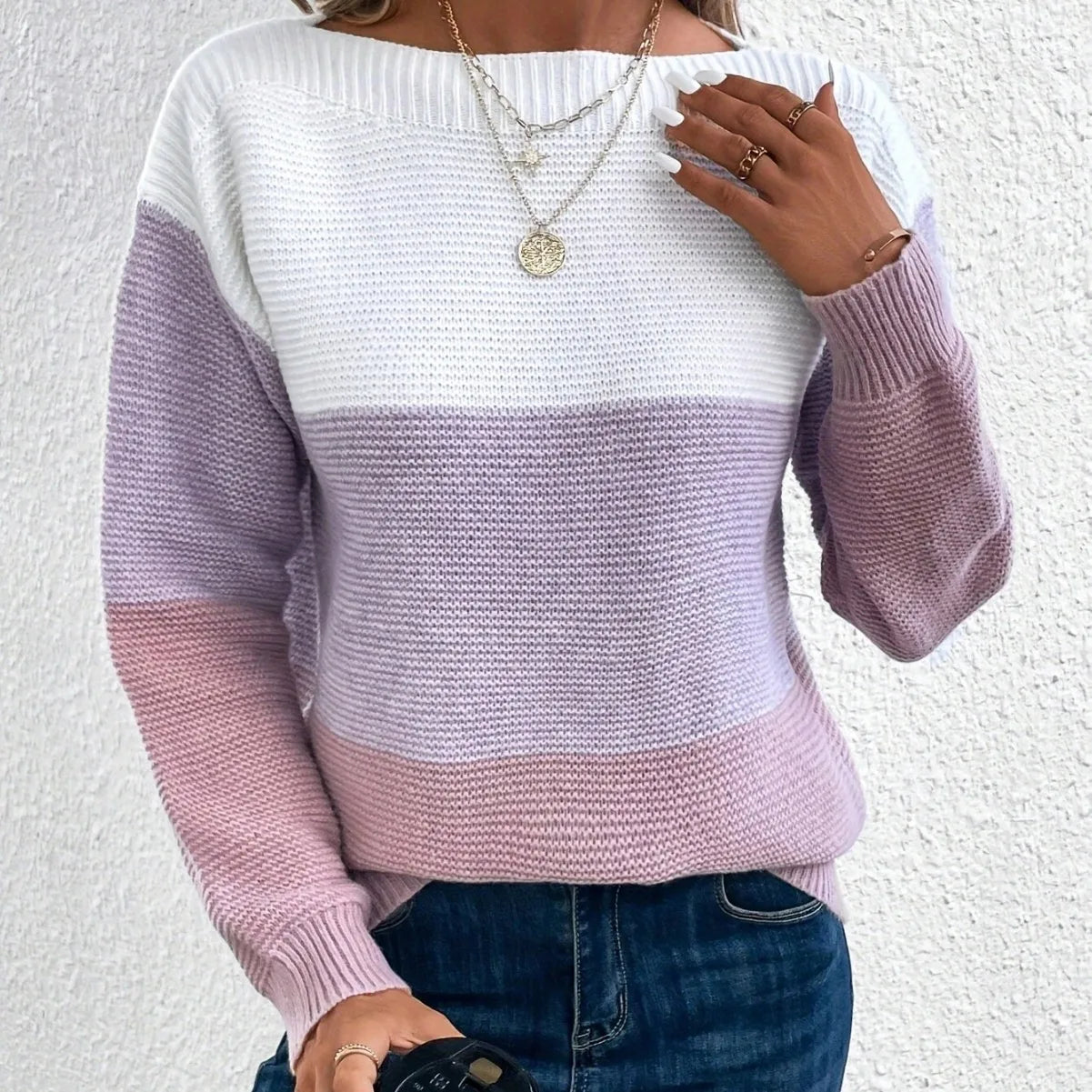Three-Colored Patchwork Sweater/Casual Loose Jumper Wear/Female Autumn Winter Knitted Thickened Warm Tops.