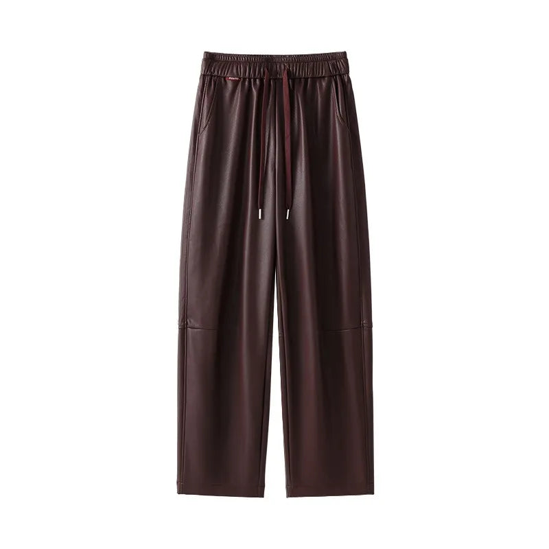 Luxury PU Leather Jogger Pants for Women – High-Waist Elastic Drawstring Wide-Leg Trousers – Comfy Chic Vegan Leather Athleisure Pants