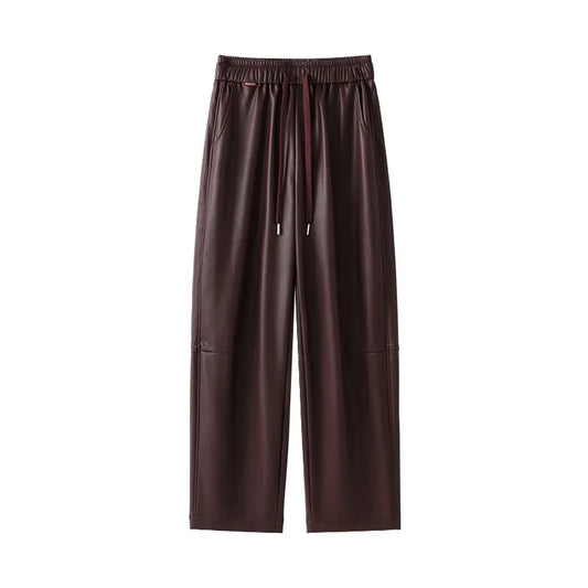 Luxury PU Leather Jogger Pants for Women – High-Waist Elastic Drawstring Wide-Leg Trousers – Comfy Chic Vegan Leather Athleisure Pants